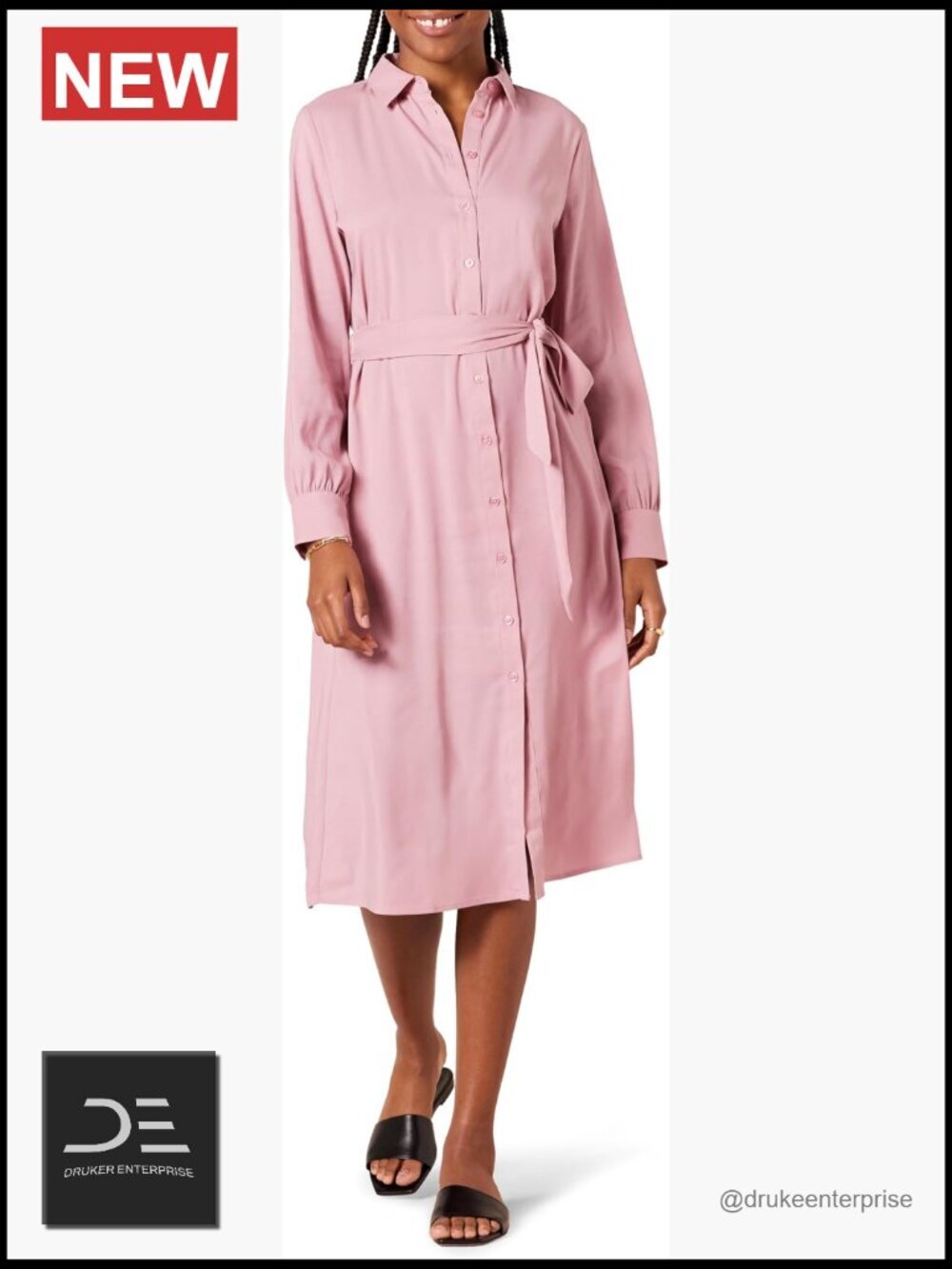 Long Sleeve Midi Shirt Dress with Belt